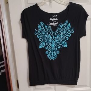 Black Cap Sleeve Graphic Blouse with Blue Design